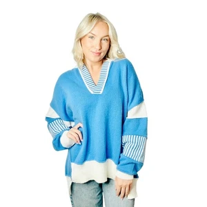 Peach Love color block blue white collar v neck oversized sweater womens small - Picture 1 of 10