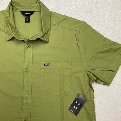 NUEVO CON ETIQUETAS RVCA Para hombres Douglas Verde Oliva Camisa Manga Corta Abotonada 23A0402400 Foto 1 de 4