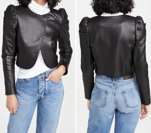 Alice + Olivia Addison schwarze Lederjacke mit Puffärmeln, Größe L, Einzelhandel 995,00 $ - Bild 1 von 12
