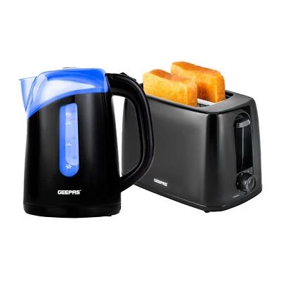 2 Slice Toaster & Illuminating Electric Kettle Combo Set 1.7L Cordless Jug Black - Image 1 of 4