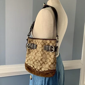 COACH Leather Suede Canvas Accent Womens Shoulder Bag #3577 Brown Y2K Mini C EUC - Picture 1 of 16