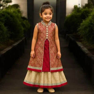 Girls Indian Lehenga Choli Set Sz 18 Gold Brocade Kurti Top Skirt Maroon Silver - Picture 1 of 13