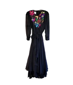 Vintage Diane Freis Original Black Silk Dress With Colorful Beaded Floral Design - Picture 1 of 7