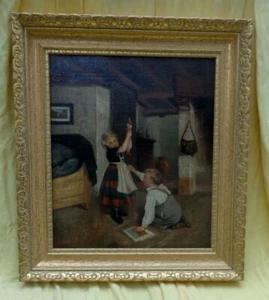 Antique Oil Painting of Children playing with Marionette Doll in the Old Masters - Picture 1 of 4