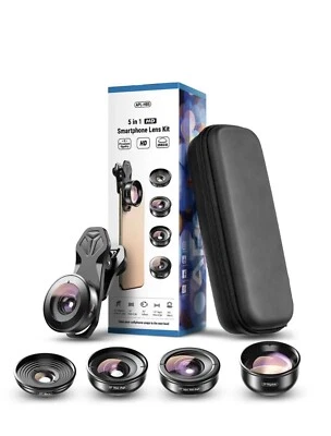Apexel 5in1 HD Phone Lens Kit- Fisheye, Macro, Wide Angle, Telephoto, For iPhone - Image 1 of 4