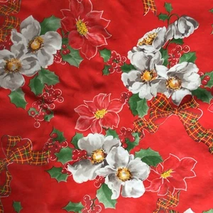 Vintage Retro 50-70s Red Vinyl Xmas Poinsettia Floral Print Oilcloth Tablecloth - Picture 1 of 20