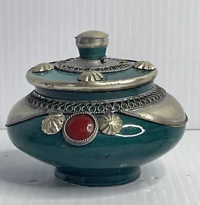 Vintage marokkanische Keramik Schmuck Box Silber Teller filigran Overlay - Bild 1 von 11