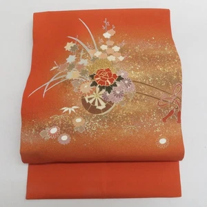 Kimono giapponese Nagoya Obi seta fiore modello auto arancione 146,1 pollici donna - Foto 1 di 15