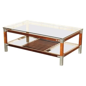 VERY LARGE VINTAGE PIERRE VANDEL PARIS MAHOGANY PEWTER & GLASS COFFEE TABLE - Picture 1 of 18