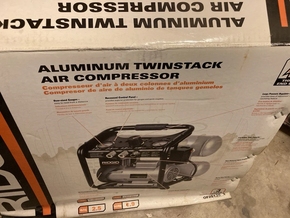 Ridgid 2,5 галлона PSI 135 алюминиевый воздушный компрессор Twinstack OF25135 новая открытая коробка - Изображение 1 из 4