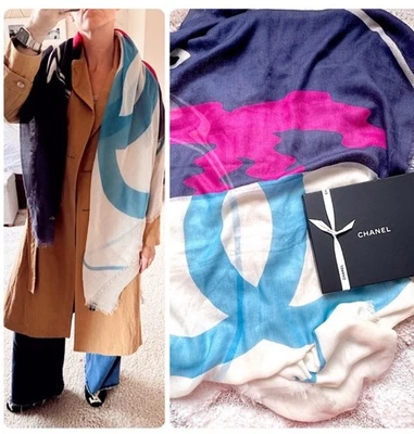 CHANEL authentic XL shawl wrap scarf cashmere CC Logo colorblock + box - Image 1 of 4