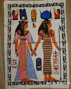 Toalla de té egipcia de lino y algodón Isis Queen Nefertari colorida" 29" x 19" vintage - Imagen 1 de 3