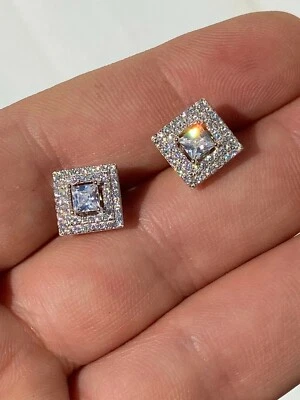 Pendientes de hip hop de circonita cúbica helada de plata 925 maciza real para hombre tachuelas cuadradas baguette cometa Foto 1 de 4