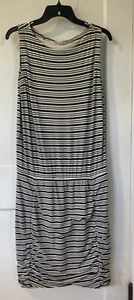 Athleta Tulip Striped Ruched Dress Sleeveless Tank Beige Black Medium Tall - Picture 1 of 4