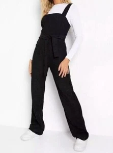 BLACK CORDUROY LADIES DUNGAREES BELTED JUMPSUIT PLAYSUIT OVERALLS L32" - Picture 1 of 3