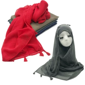 Mantón de hiyab con borlas color puro bufanda colgante chal bufandas musulmanas suaves para mujer - Imagen 1 de 43