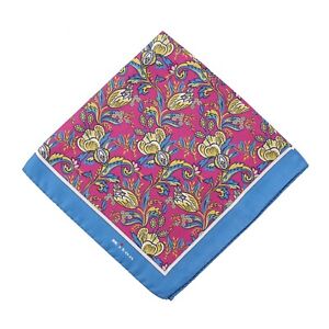 Kiton Pink Blue and Gold Intricate Floral Print Silk Pocket Square