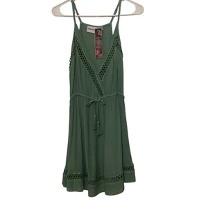 Raya Sun Women's Mini Dress Small Green Cotton V-Neck Tie Waist Spaghetti Strap - Picture 1 of 5