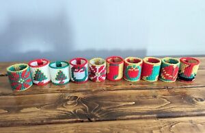 10 Vintage Holiday Napkin Ring Plastic Canvas Needle Yarn Craft Christmas 