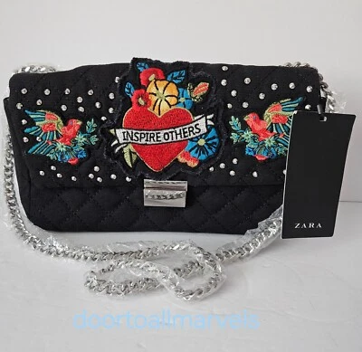 Bolso de Hombro Zara Acolchado Bordado Inspirar Otros Correa de Cadena 10" Nuevo con Etiquetas Foto 1 de 4