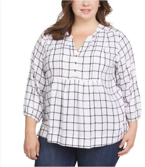 Wrangler Babydoll Plaid Blouse Top White Lightweight 3/4 Sleeve Sz XL