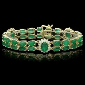 15 Ct Simulated Diamond & Emerald Tennis Bracelet 14K Yellow Gold Plated - Picture 1 of 9