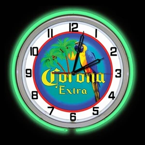 Reloj Doble Neón Verde Letrero Cerveza Corona 15" - Imagen 1 de 2