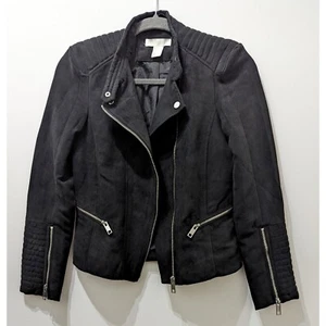 H&M Black Quilted Faux Suede Biker Moto Jacket Women's Size 4 - Picture 1 of 16