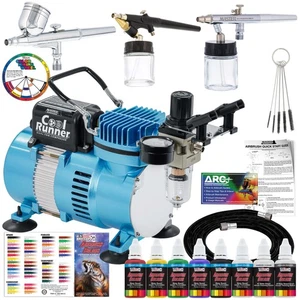 3 Airbrush Professional Airbrushing System Kit - 6 Primary Colors Acrylic Paint - Picture 1 of 5