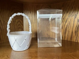 Flower Girl Basket with Rhinestones,Ribbon And Lace Trim Wedding Ivory Satin - Picture 1 of 12