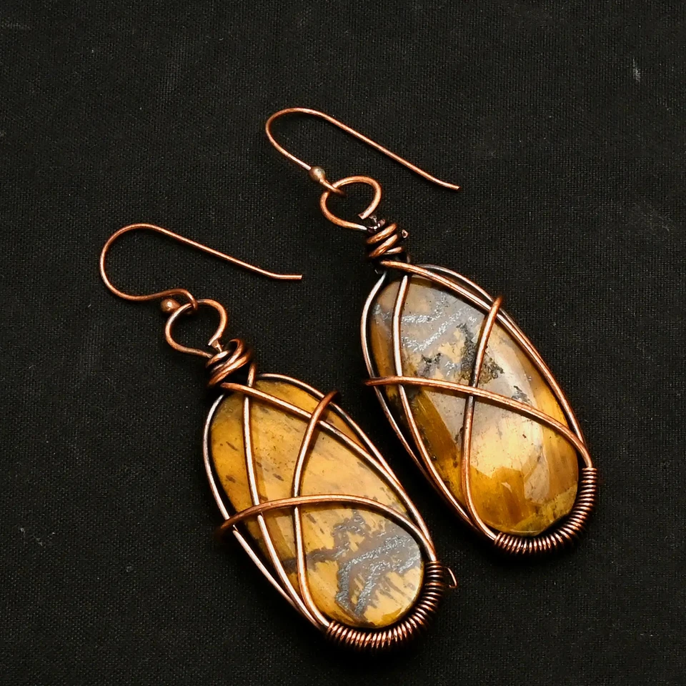 Pendientes colgantes de alambre de cobre con piedras preciosas ojo de tigre joyería regalo 1,4" AE-99670 Foto 1 de 1