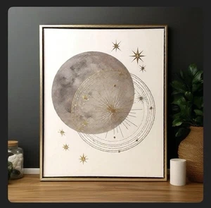 Metallic Moon Canvas Wall Art 17” x 21” Gold Frame Decor Boho Celestial - Picture 1 of 7