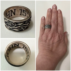 Ornate Vine & Branch Design JOHN 15:5 Sterling Silver 10mm Wide Band Ring Sz 6.5 - Picture 1 of 15