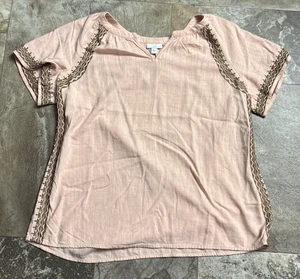 Camicia blusa J Jill taglia L lino ricamato pesca leggera S/S scollo a V 2104 - Foto 1 di 4