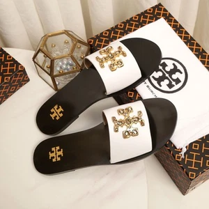 2025 Ladies Tory burch TB large rhinestone flat slippers new - Picture 1 of 8