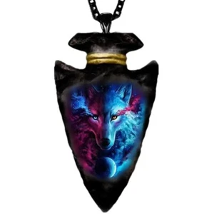 Wolf Tier Pfeilspitze Stil Anhänger Halskette mit schwarzer Kette - Bild 1 von 3