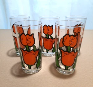 Set of 5 Vintage Nina Orange Tulip 10 oz Glasses Anchor Hocking 1983 - Picture 1 of 8