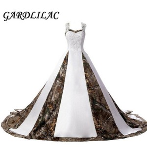 Vintage Camouflage Wedding Dresses Satin White Lace Camo Sweep Train Bridal Gown