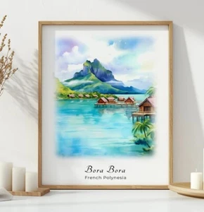 Bora Bora Watercolor Poster Travel Art Print French Polynesia Landscape Art - Picture 1 of 3