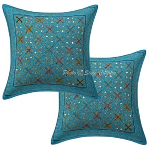 Indian 16" Sequins Gold Zari Embroidered Pillow Case Covers Cotton Cushion Cover - Picture 1 of 3