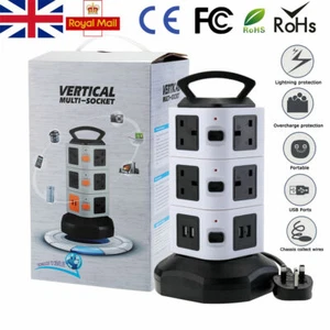 Socket Tower Mains Power Extension Lead 10 Way 4 USB Ports Adaptor Plug 2M Cable - Picture 1 of 9