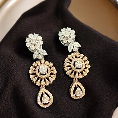 Pave 1.82 Cts Round Baguette Shape Diamonds Dangle Earrings In 14K Two-Tone Gold - Image 1 of 4