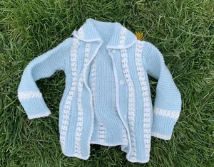 Vtg Baby Cardigan Blue Sweater Collar Old Money Preppy 70s Aesthetic Infant 💙 - Picture 1 of 9