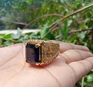 3 Ct Emerald Lab Created Blue Sapphire Men's Wedding Ring 14K Yellow Gold Plated - Picture 1 of 23