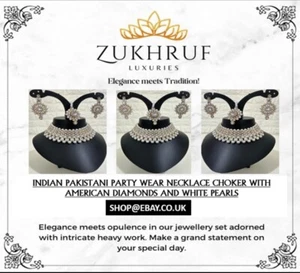 Pakistani Bridal Necklace Set White Pearls & American Diamonds Tikka Bollywood - Picture 1 of 18