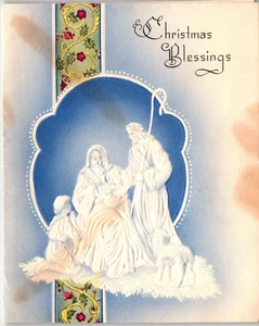 Busta cartolina natalizia vintage anni '40 "Benedizioni di Natale" Natività Religiosa - Foto 1 di 4