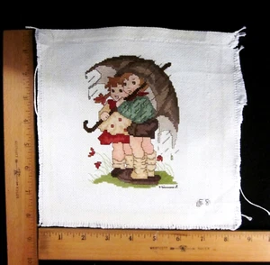 "Hummel" Handmade Cross Stitch Children with Umbrella 8" x 8" Vintage Signed - Picture 1 of 4