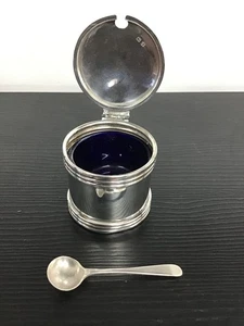 ANTIQUE 1915 Sterling Silver Mustard Pot w Cobalt Glass Liner & Spoon - Picture 1 of 7