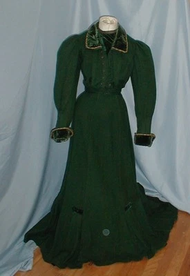 Striking Antique Dress Suit Victorian 1890's Forest Green Wool Velvet Trim - Image 1 of 4