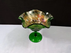 Vintage Fenton Green Carnival Glass Blackberry Bramble Compote Candy Dish INV2 - Picture 1 of 8